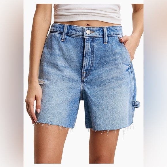 Good American Pants - NWOT Good American 90's Long Women's Frayed Shorts Stretch Blue Denim Sz 2/26